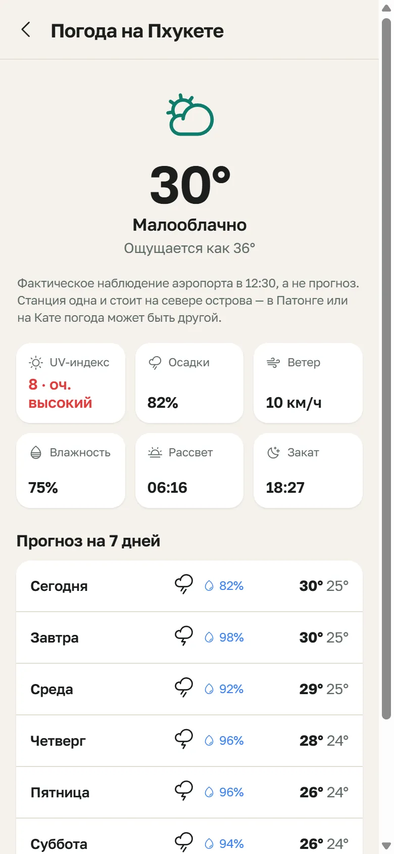 Погода на Пхукете: 30 градусов, UV-индекс 8, осадки, ветер, рассвет и закат, прогноз на 7 дней
